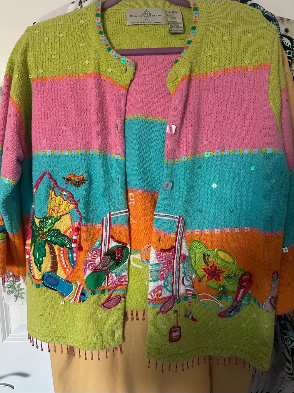 Colorful Striped Embroidered Teddy Jacket in Pink, Turquoise, Orange & Lime
